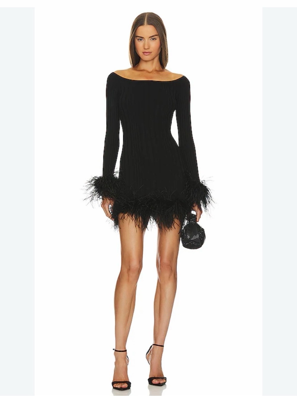Milly Black Off-the-Shoulder Feather Trim Mini Dress